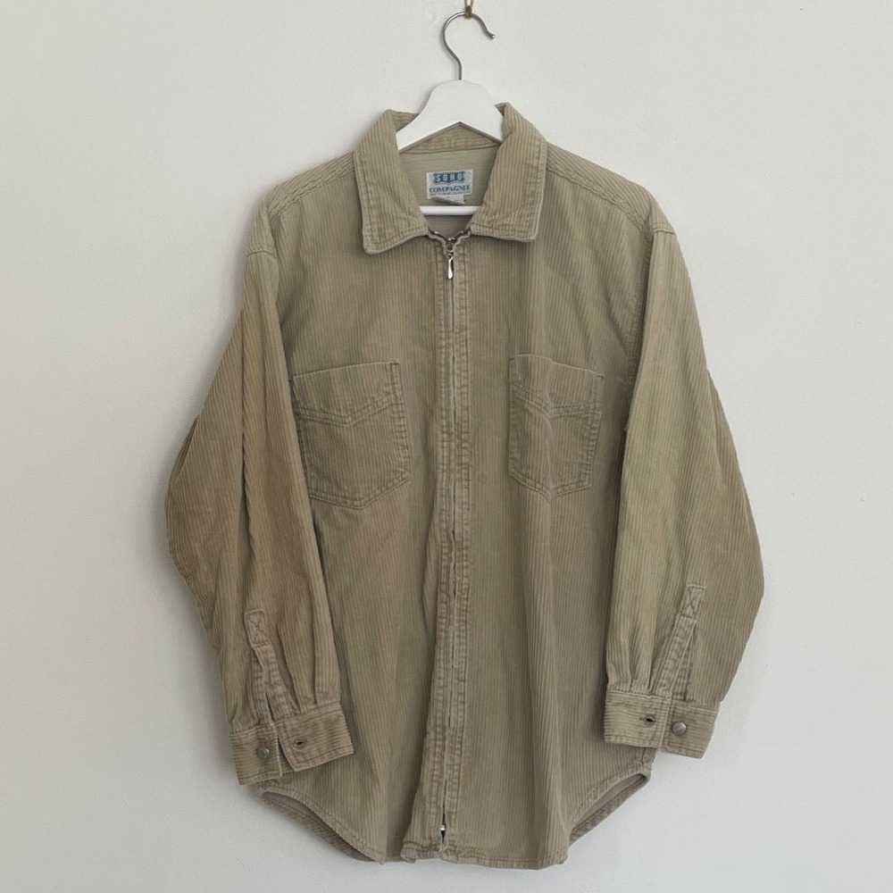 Soho Compagnie Mens Vintage Corduroy Cotton Zip Up Shirt Jacket Tan Beige Medium